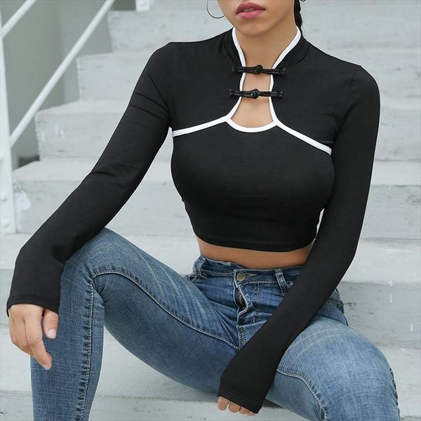 

asymmetrical patchwork short hollow out cotton solid color chinese style crop 2021 women autumn vintage t shirt, White