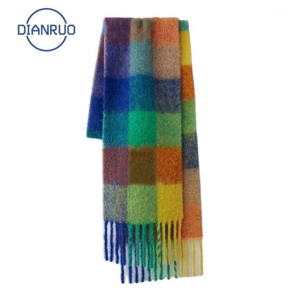 

dianruo new personality women color lattice scarves plaid warm tassels shawl oversize wrap stole long scarves r6261, Blue;gray