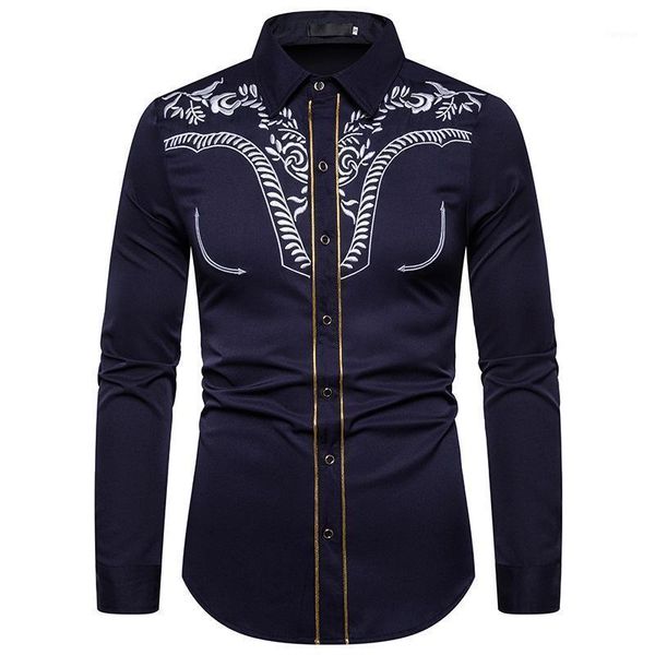 

mens western cowboy shirt floral embroidered golden edging stylish shirt men slim fit long sleeve party festivals male 2xl1, White;black