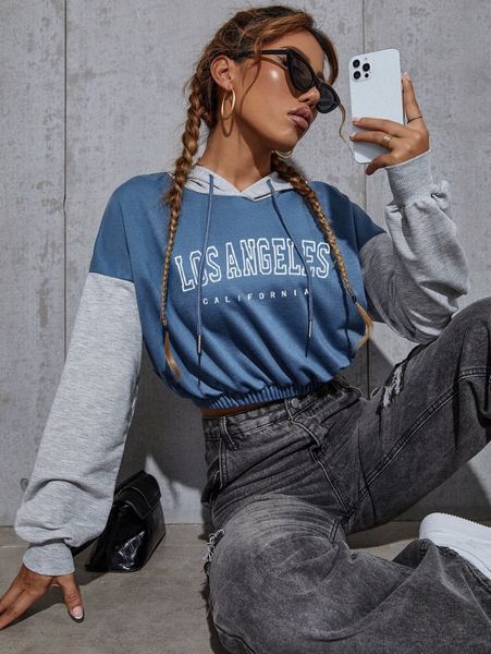 

letter graphic color block drawstring crop hoodie h1yc#, White;black