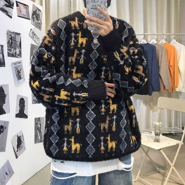

autumn and winter new round neck loose lazy couple thick sweater men's pullover trend student long-sleeved sweater men, White;black