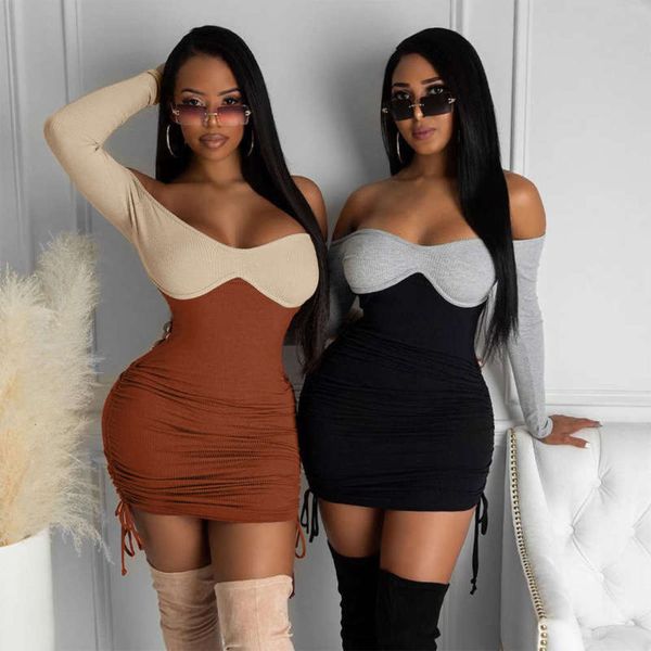 

winter item 2020 women's selling new one shoulder color matching long sleeve dress, Black;gray