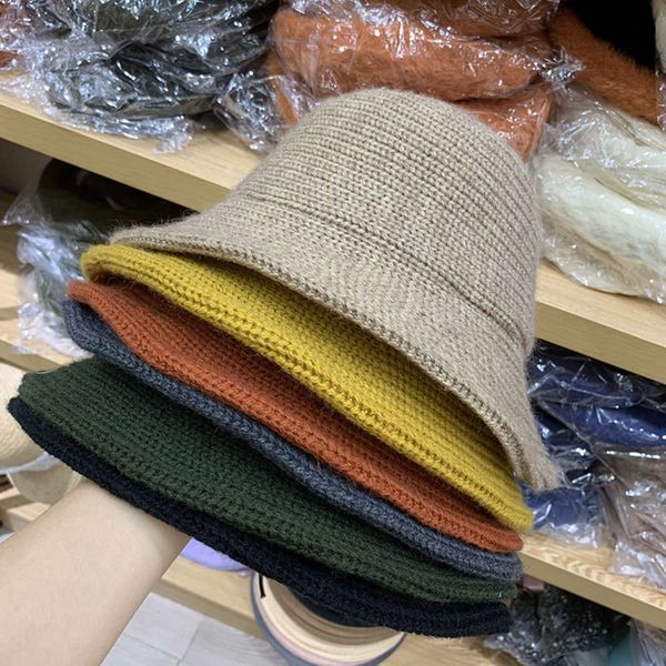 

19 autumn and jmx new knitted large brim basin women's korean solid color winter warm decorative wool fisherman's hat, Blue;gray