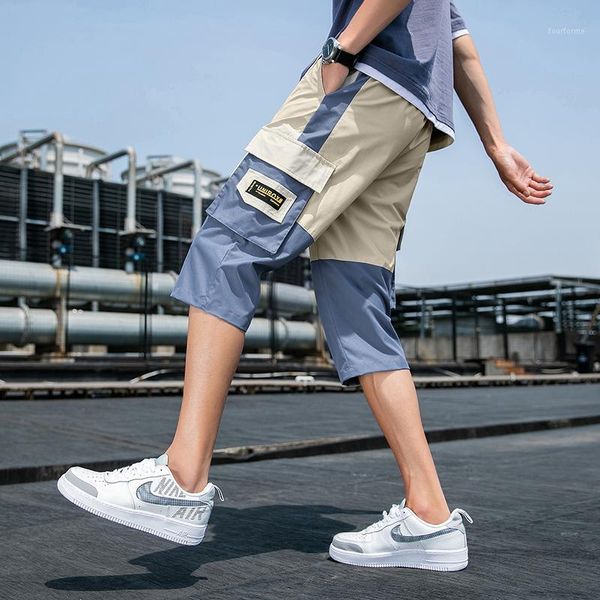 

men's pants summer men straight casual short solid color calf length breathable thin elastic waist plus size cargo m-4xl1, Black