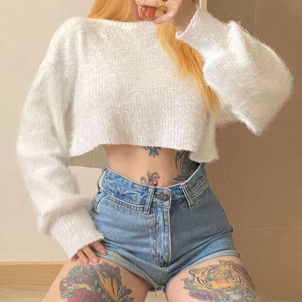 

autumn wind winter new 2020 women's clothing solid color loose round neck open navel plush sweater for women, Black;gray