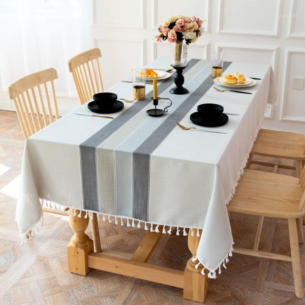 

nordic christmas party tablecloth grey striped upscale cotton linen stitching tassel rectangular table cloth l table cover1