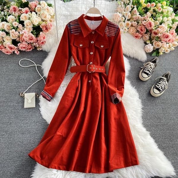 

casual dresses autumn winter temperament commuter shirt dress fashion waist a-line large swing for women uk672, Black;gray