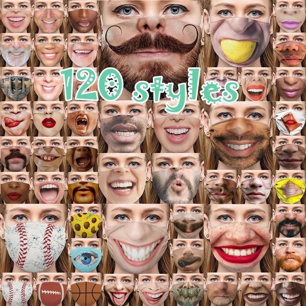 

120 styles 3d funny face printed masks windproof washable reusable cotton adjustable mouth mask