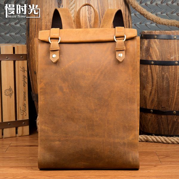 

slow time handmade crazy horse men's leather travel computer backpack