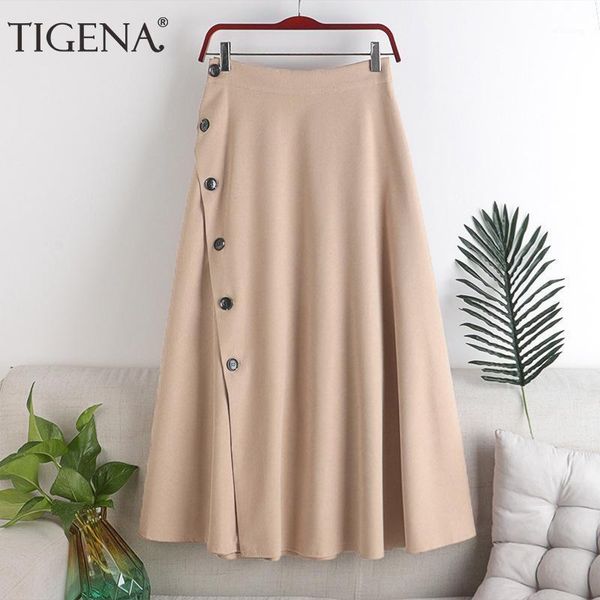 

tigena 2020 autumn winter single breasted work office lady skirt women casual a line elastic high waist long skirt female1, Black