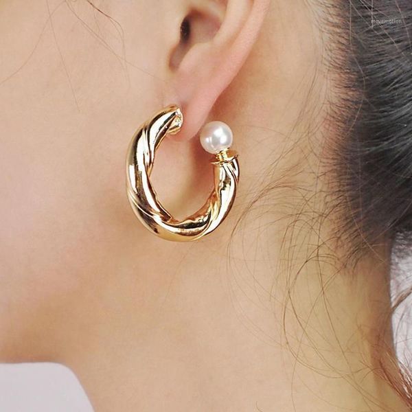 

manilai simple thick copper hoop earrings for women 2020 statement twisty metal pipe imitation pearl earrings wedding jewelry1, Golden;silver
