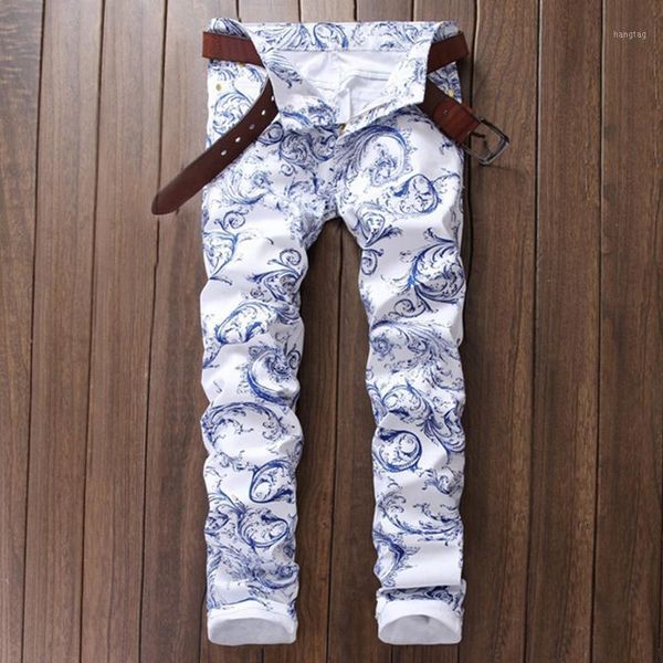 

2019 new arrival men casual 3d printed jeans mens graffiti printing white hip-hop fashion denim pants skinny slim fit trousers1, Blue