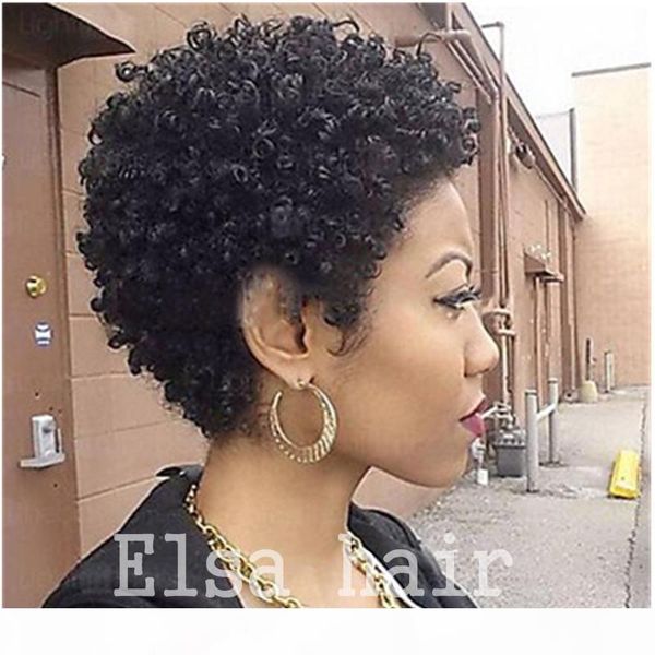 

celebrity human hair wigs tight afro kinky curly malayisan hair celebrity very short natural black human none lace guleless wig, Black;brown