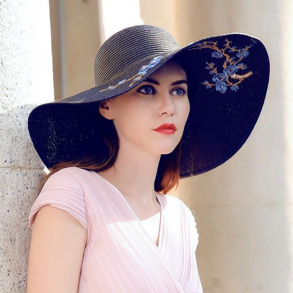 

beanie/skull caps summer sun protection large brim hat folding shade bohemian style beach elegant ladies straw1, Blue;gray