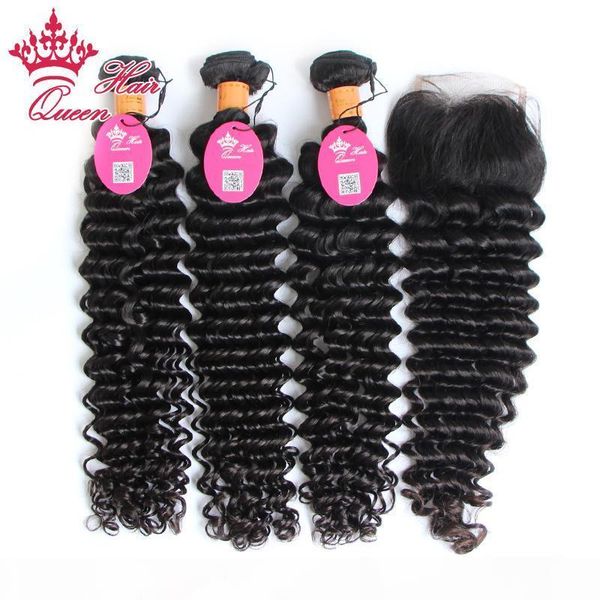 

dhl indian virgin hair lace closure with 3pcs hair bundles 100% unprocessed human virgin hair extension deep wave, Black
