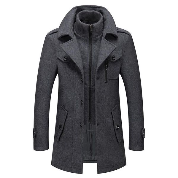 

2021 men's woolen coat trench thick cashmere double-collar cold-resistant jacket mid-length woolen windbreaker jacket men coat, Black