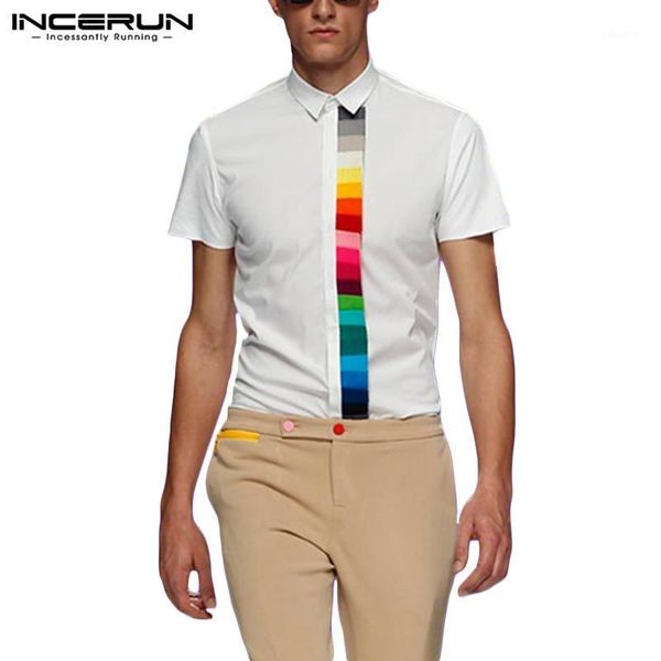 

incerun men casual shirt patchwork lapel short sleeve summer blouse streetwear button up leisure 2020 fashion breathable camisas1, White;black