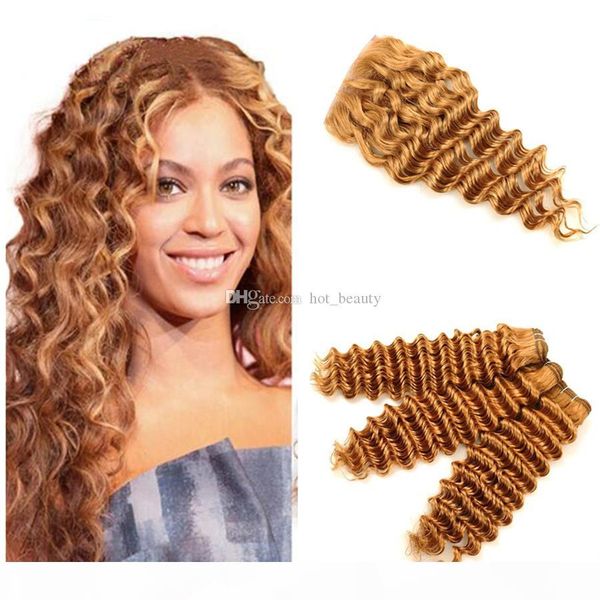 

honey blonde deep wave human hair extensions #27 strawberry blonde lace closure part with bundles peruvian virgin hair weaves, Black