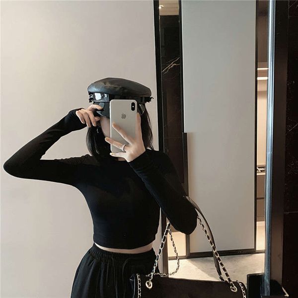 

dermatological friendly short open navel t-shirt 19 fashionable and simple style tight bottomed shirt early autumn versatile long sleeve, Black;gray