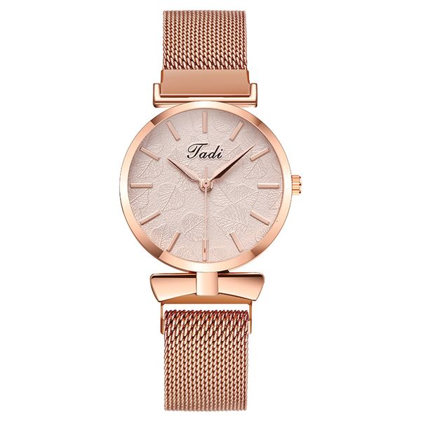 

women watch fashion milan magnet buckle watch leaf relief pattern ladies casual quartz wristwatch female elegant dress watches, Slivery;brown