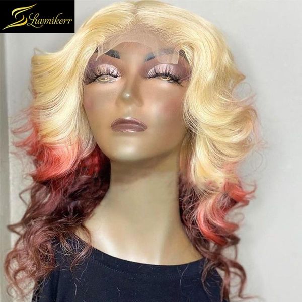 

lace wigs deep part ombre 613 blonde 99j front human hair hd transparent pre plucked for black women brazilian 150 density, Black;brown