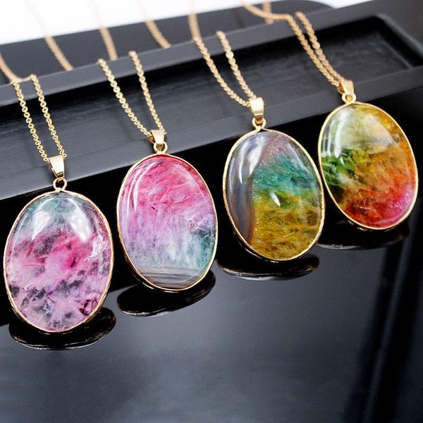 

natural rainbow pendant necklace oval shape healing crystal stone for lady 1pcs, Silver