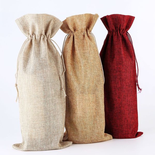 

champagne jute bottle covers gift pouch burlap packaging bag wedding party decoration wine bags drawstring cover eea2179