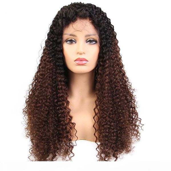 

24" dark brwon ombre lace front wig kinky curly full lace wig long virgin mongolian glueless human hair wig two tone #1b #4, Black;brown