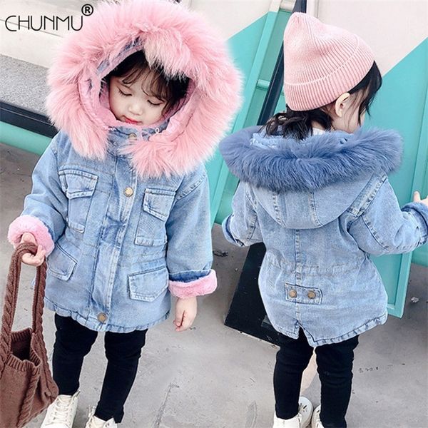 

girls clothing baby coats for girls fur collar jackets for winter autumn kids clothes plus velvet thick denim children outerwear 201216, Blue;gray