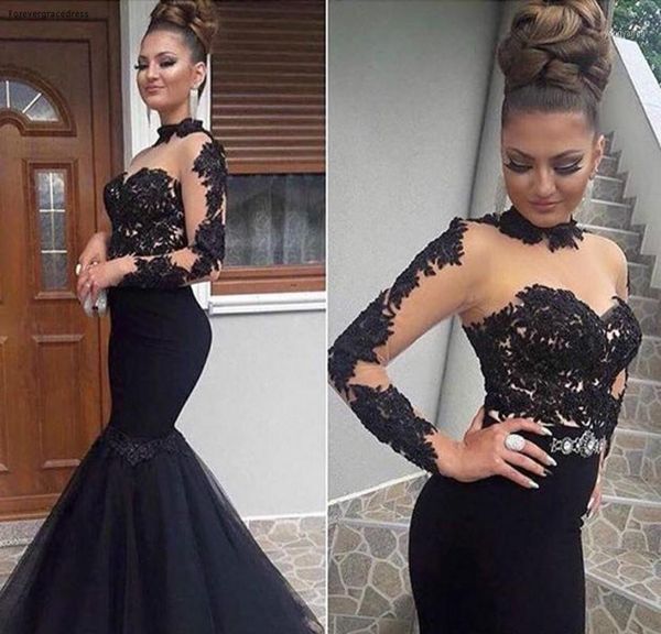 

2019 mermaid prom dress high neck appliques long sleeve formal holiday wear graduation evening party gown custom made plus size1, White;black