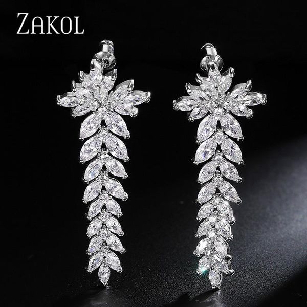

ZAKOL Gorgeous Marquise Cut Shape Cubic Zirconia Long Dangle Earrings for Women Fashion Leaf Bridal Wedding Party Jewelry, Silver
