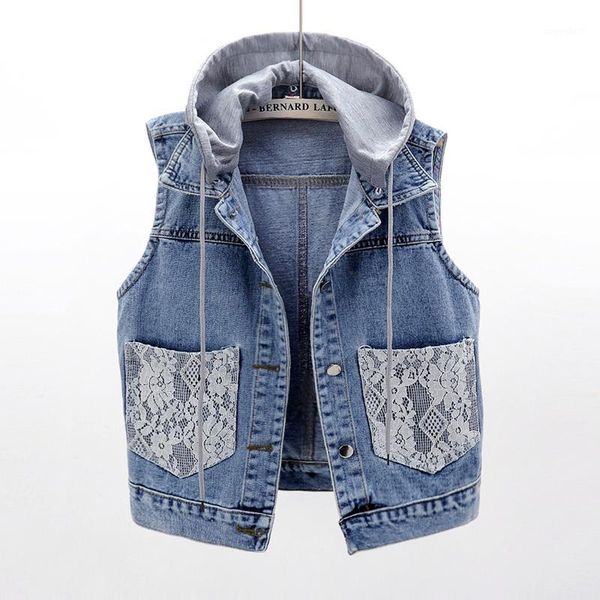 

summer plus size 5xl removable hooded denim vest women waistcoat lace splice pocket sleeveless jacket female short jeans vests1, Black;white