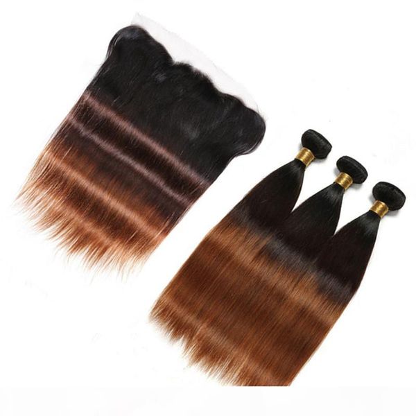 

#1b 4 30 medium auburn ombre peruvian virgin human hair bundle deals with frontal straight 3tone ombre 13x4 lace frontal closure with weaves, Black;brown