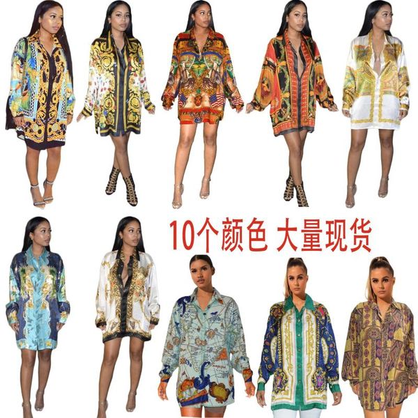 

casual dresses couture fashion in europe and america positioning printed shirt autumn leisure loose long shirts, Black;gray