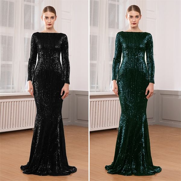 

o neck sequined party long sleeve bodycon full length lining stretchy back zipper dress y200805, Black;pink