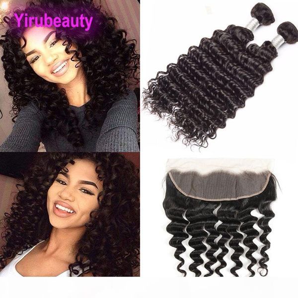 

brazilian virgin human hair extensions 2 bundles with 13x4 lace frontal deep wave curly human hair wefts with closure 3pieces lot, Black;brown