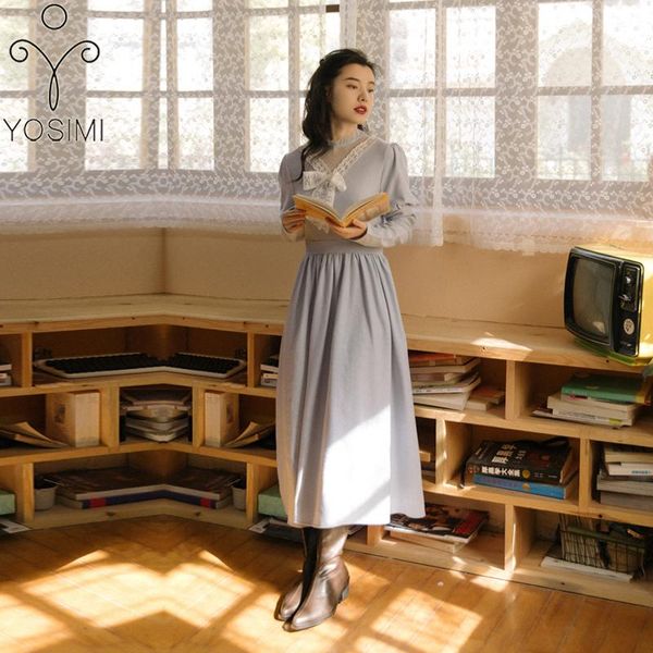 

yosimi cotton blue women dress 2021 spring stand neck mid-calf lace long puff sleeve female party dress elegant vestido feminino, Black;gray