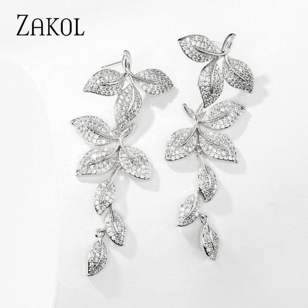 

dangle & chandelier zakol classic elegant leaf design micro cubic zirconia big earring women wedding luxury jewelry fsep2403, Silver