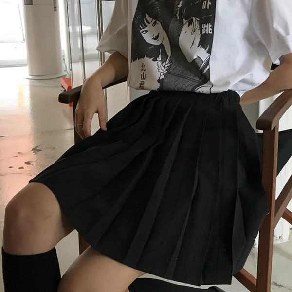 

skirts women pleated high waist plus size solid casual streetwear all-match korean style trendy novelty daily womens, Black