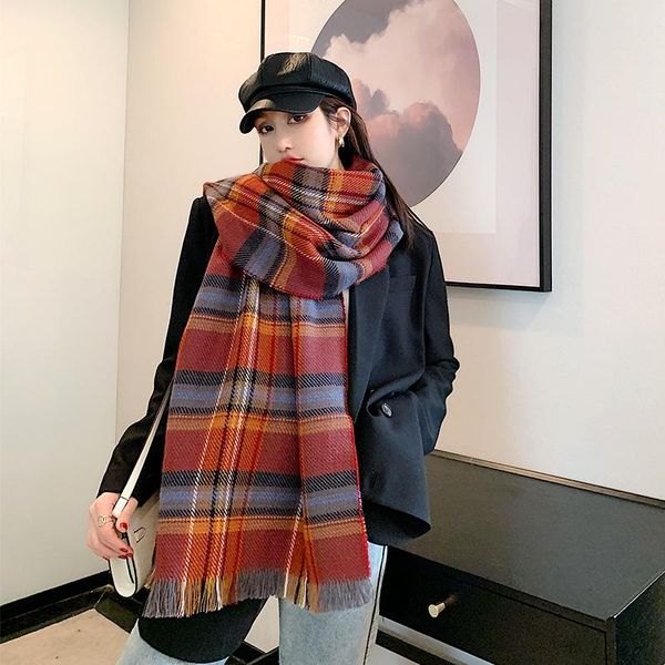 

scarves 2021korean autumn winter cashmere double side plaid women's scarf warm and thickened student long shawl cosplay, Blue;gray