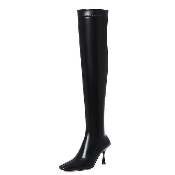

mkkhou fashion over-the-knee boots women 2020 new winter square toe stiletto 12 cm high heel tight stretch boots leather, Black