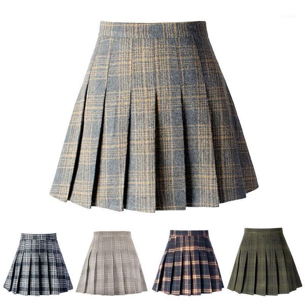 

2020new autumn and winter popular women's pleated skirt woolen plaid a- line high waist skirt students' kawaii plaid1, Black