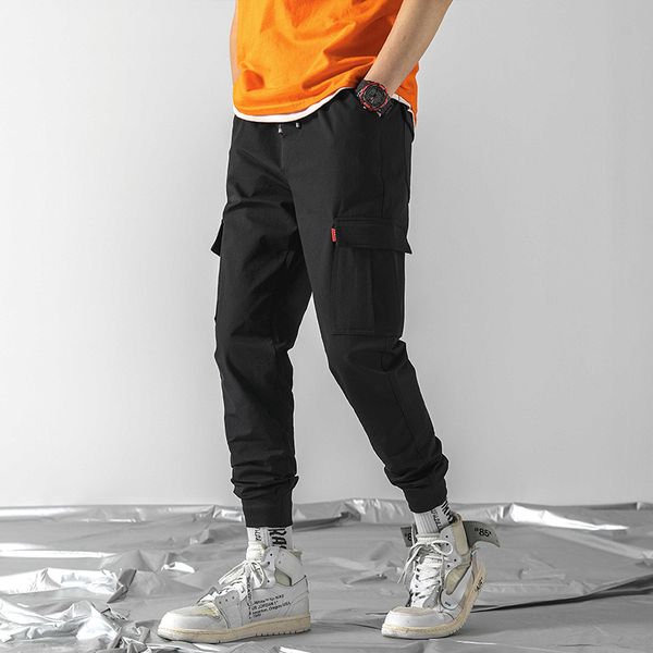 

nieuwe japanse stijl modieuze brand eenvoudige grote zakken mannen jogger enkellange broek herfst mannelijke casual cargo harem broek, Black