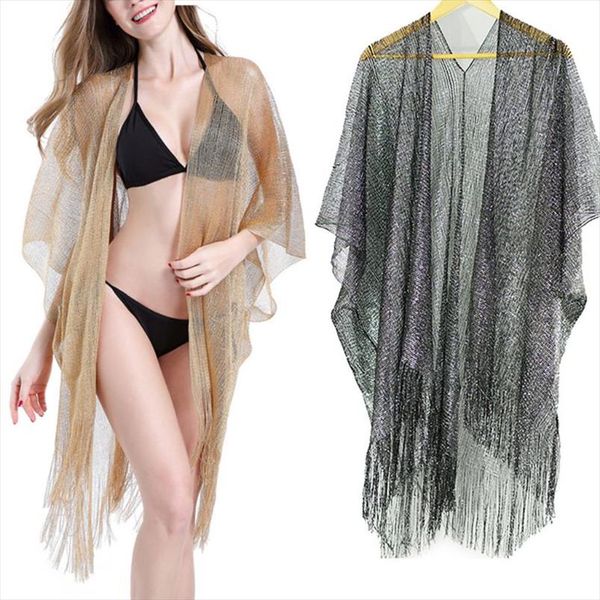 

womens summer metallic glitter solid color swimsuit cover up long tassels asymmetric hem kimono cardigan sheer knitted sunscreen, White