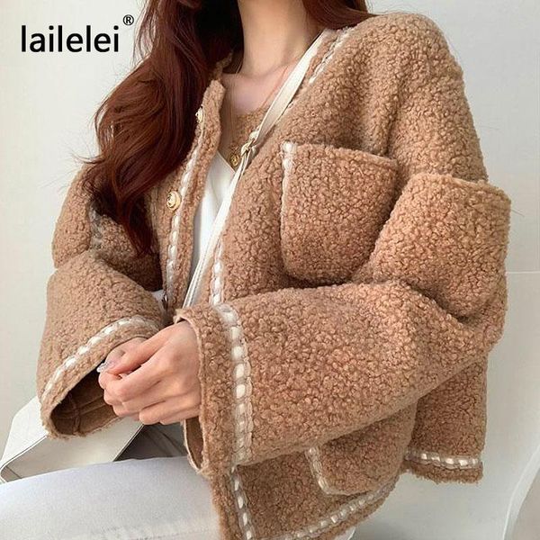 

women's fur & faux pocket short jacket long sleeve button warm coat o neck woman winter 2021 autumn oversized harajuku chic white black