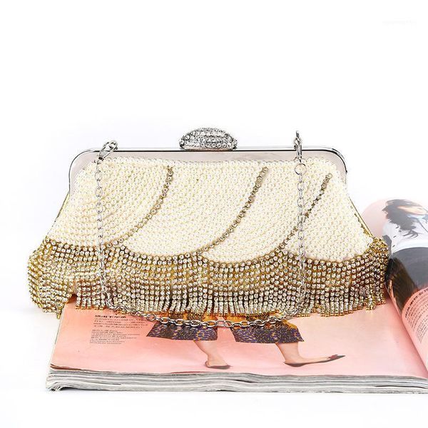 

luxury rhinestones tassel women clutches evening bags fine pearl beaded handmade females party bags chain shoulder purse clutch1