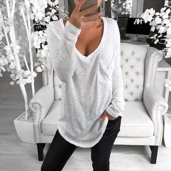 

t shirt women long sleeve women tshirt v neck long sleeved t shirt casual loose cotton pullover top, White