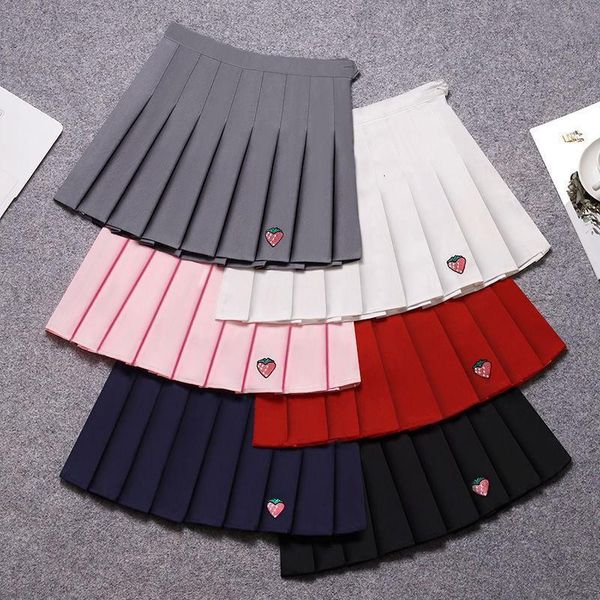 

harajuku kawaii skirts women high waist mini denim skirts strawberry fruit embroidery cute pleated japanese school uniform 2020, Black