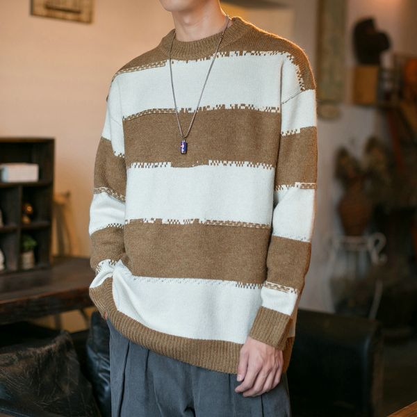 

2021 new fashion o-neck christmas black white blue striped sweater men's oversize pull long sleeves pullover autumn spring winter qg1l, White;black