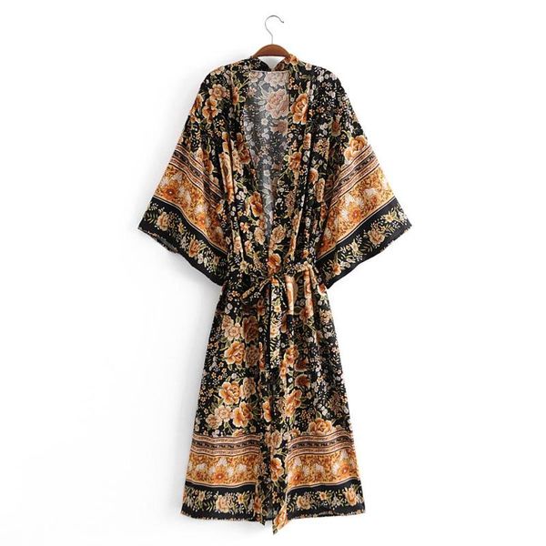 

vintage chic women floral print sashes bohemian kimono ladies v neck batwing sleeves boho maxi dress robe japanese style, Black;gray
